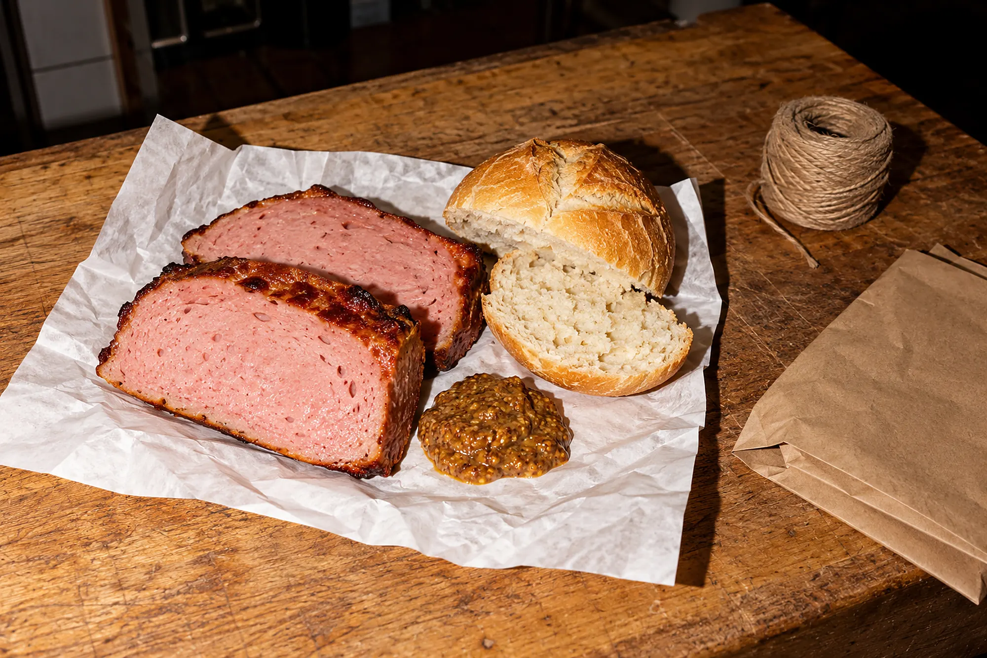 Zwei Scheiben Leberkäse auf Metzgerpapier, daneben süßer Senf und eine aufgeschnittene Semmel