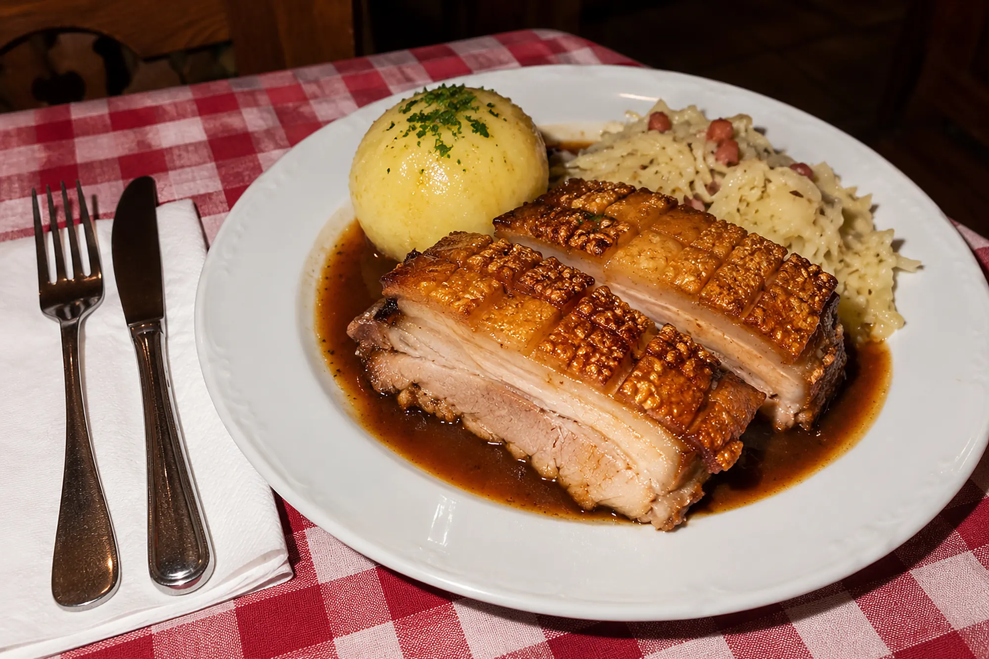 Teller mit Schweinebraten, Kruste, Knödel und Soße auf karierter Tischdecke